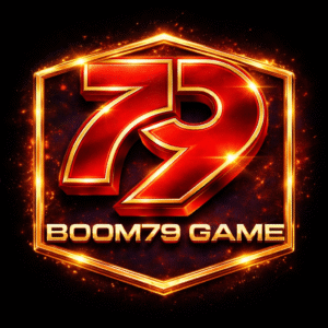 3D red and gold metallic Boom79 Game logo featuring bold “79” numbers with glowing golden border on a dark background.
